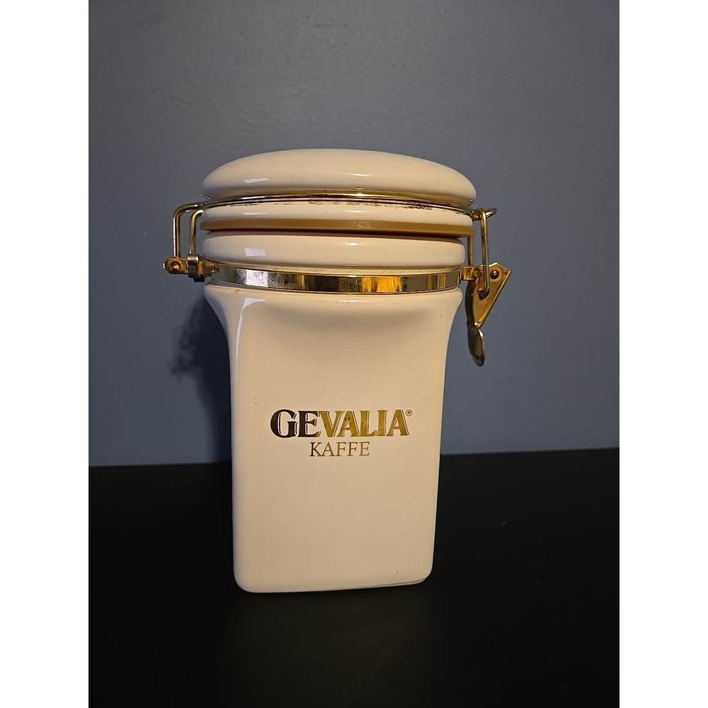VTG Gevalia Kaffe Coffee White Ceramic Storage Canister Air Tite Lock‎ Gold Logo